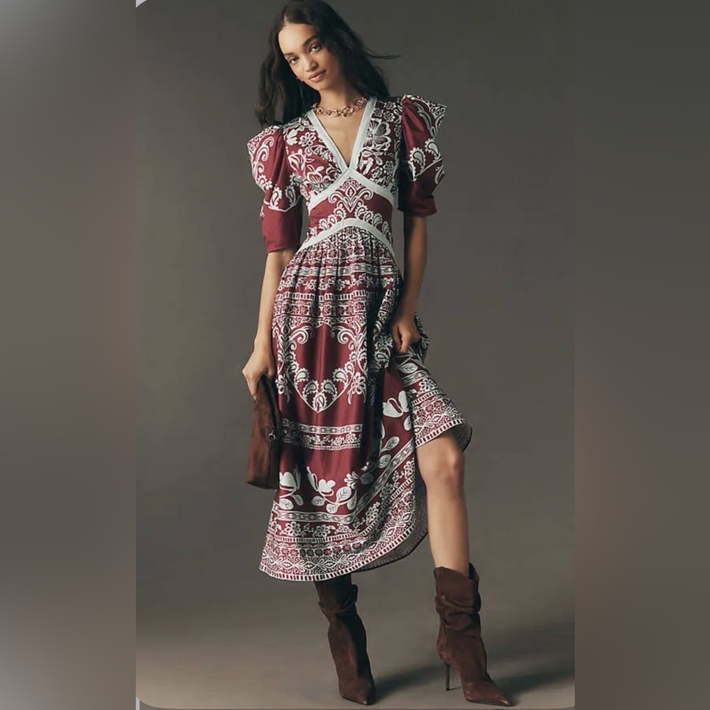 NWT Farm Rio x Anthropologie Burgundy Puff Sleeved Dress